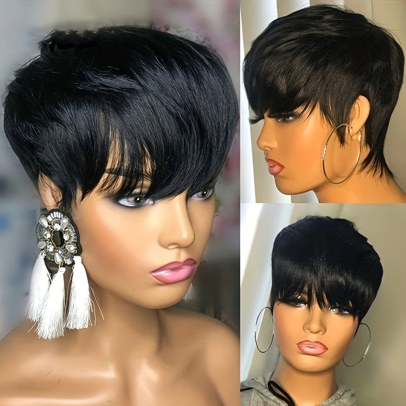Short Pixie Cut Wig With Bangs Natural Straight Hair Synthetic Wigs For Women