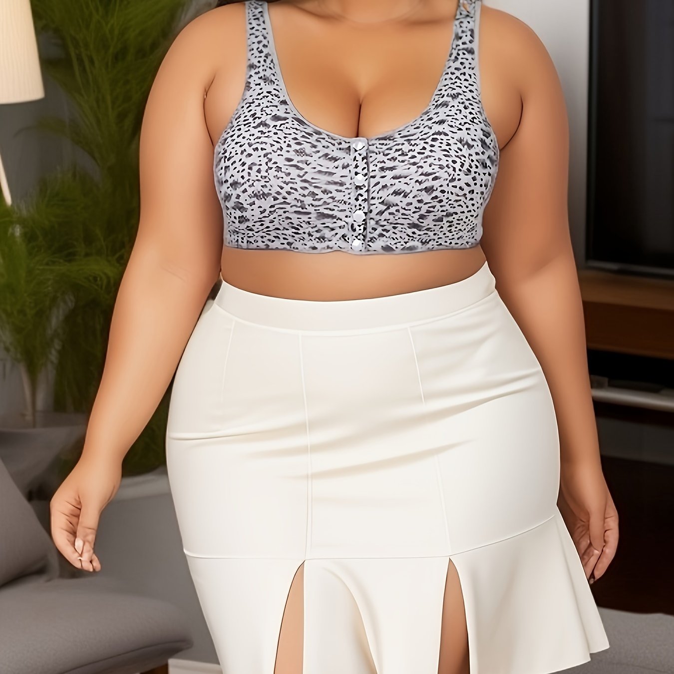 Leopard Print Buckle Front Plus Size Soft Bra