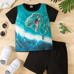 2pcs Boys Dinosaur Lightning T-shirt & Shorts Summer Clothes Sets