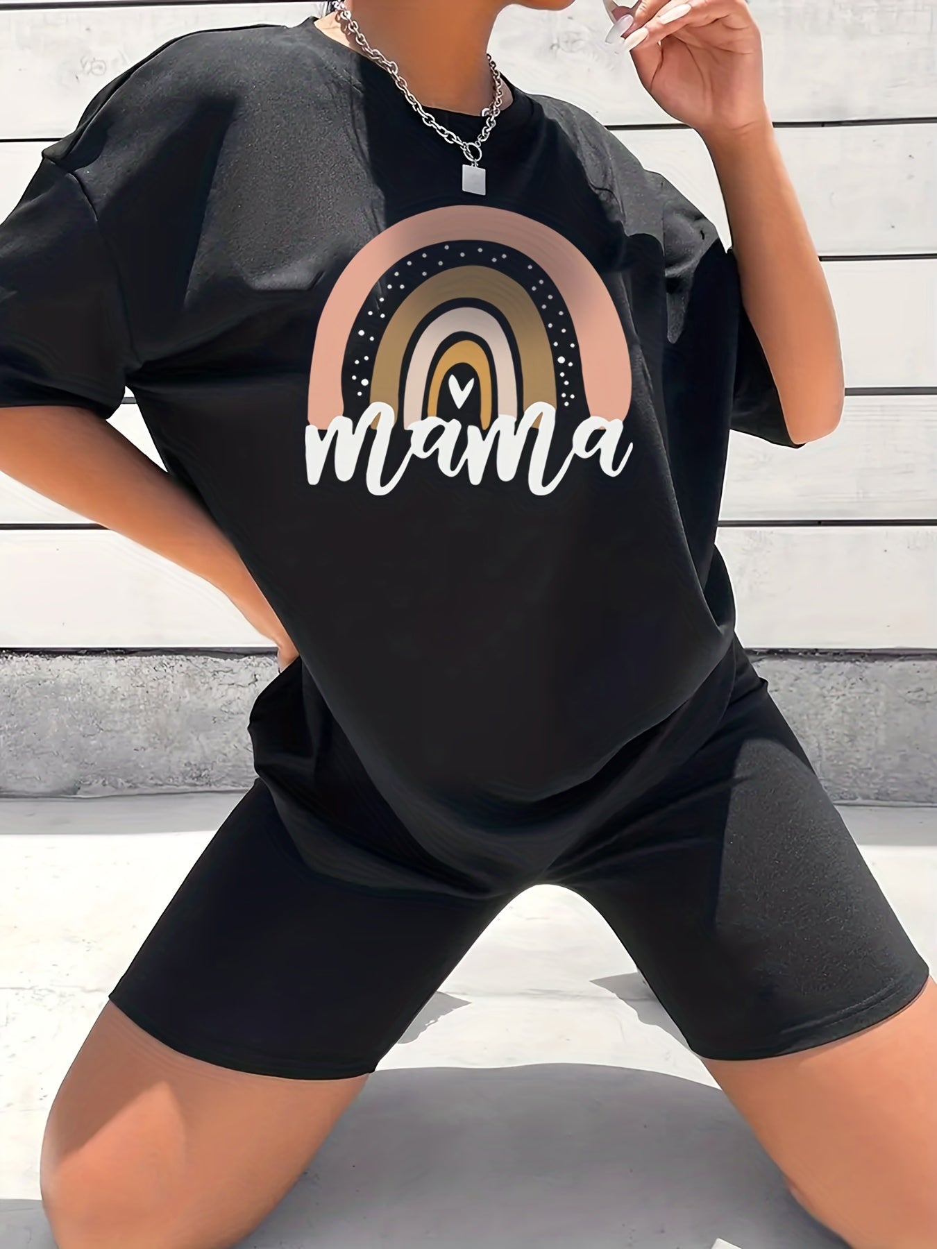 2pc Rainbow Graphic Crew Neck T-shirt & Solid Shorts Set Women's Activewear