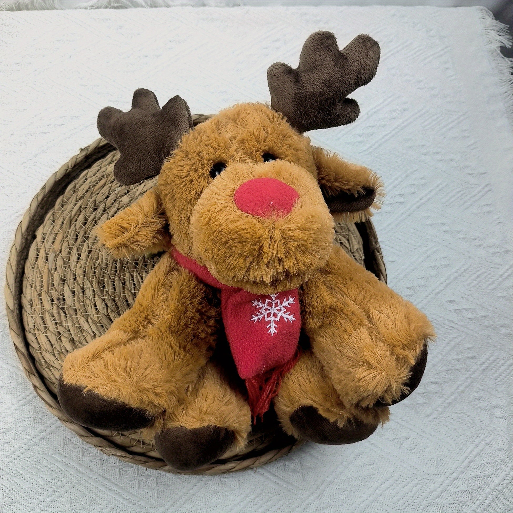 Christmas Reindeer Plush Toy Stuffed Animal with Antlers, Nose, and Scarf
