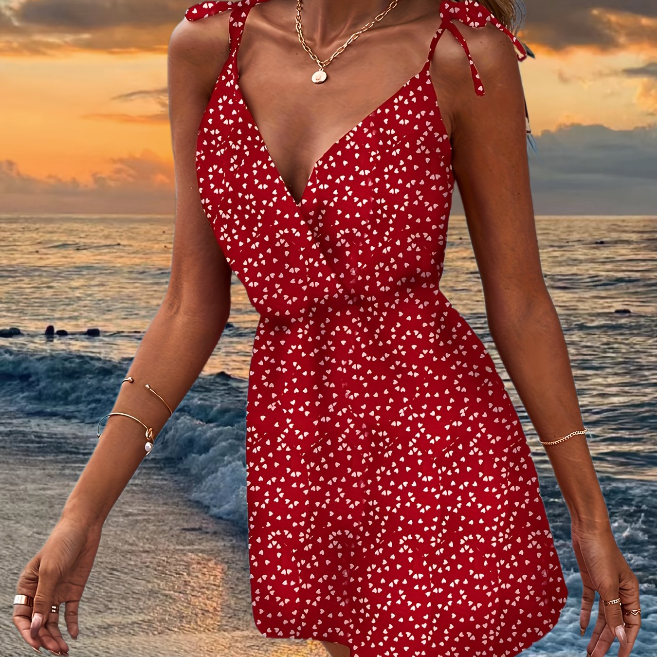 Heart Print V neck Spaghetti Dress Beach Wear Cami Dress Women's Clothing