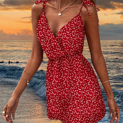 Heart Print V neck Spaghetti Dress Beach Wear Cami Dress Women's Clothing