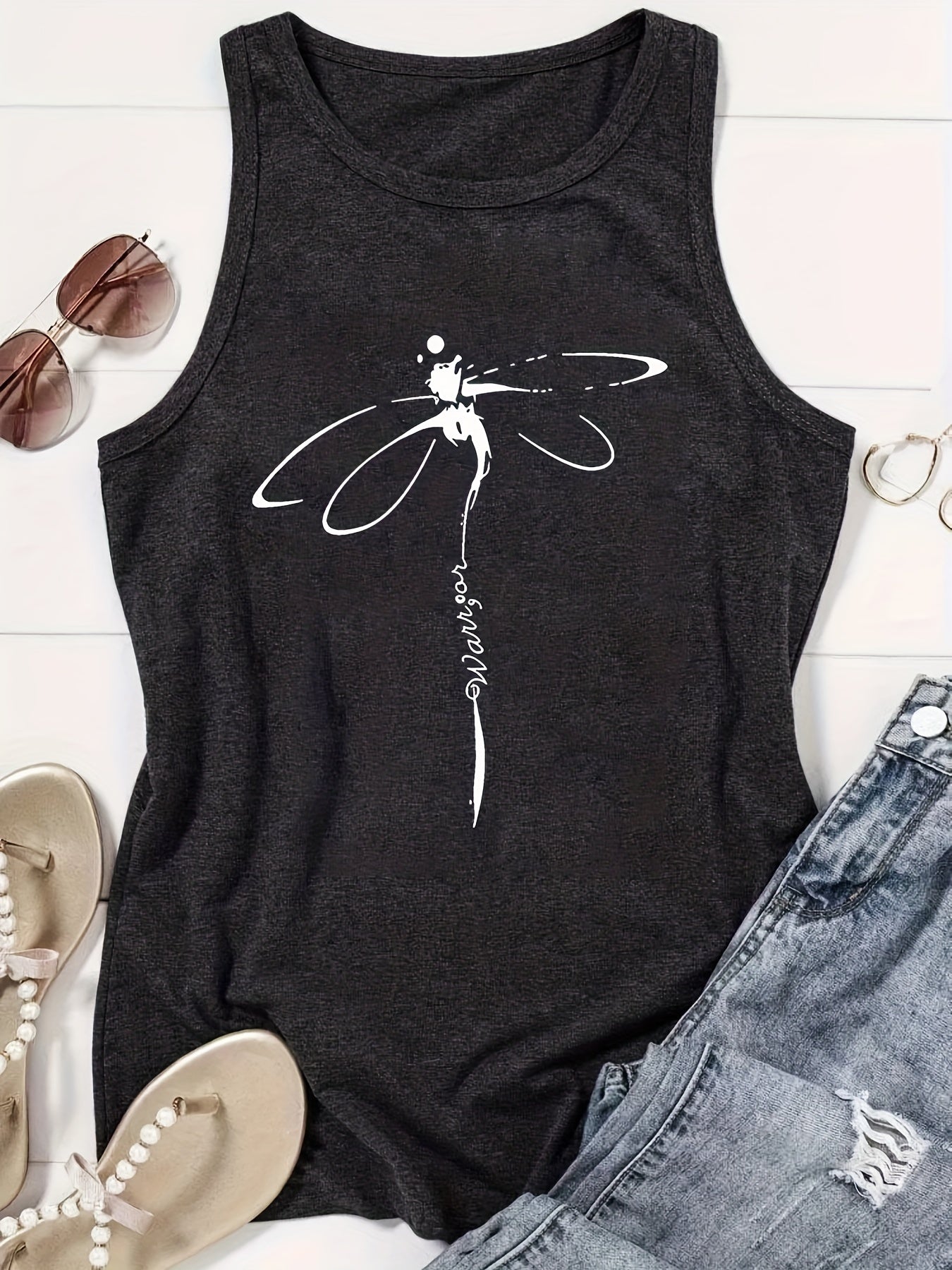 Dragonfly Print Tank Top Sleeveless Summer Top
