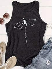Dragonfly Print Tank Top Sleeveless Summer Top