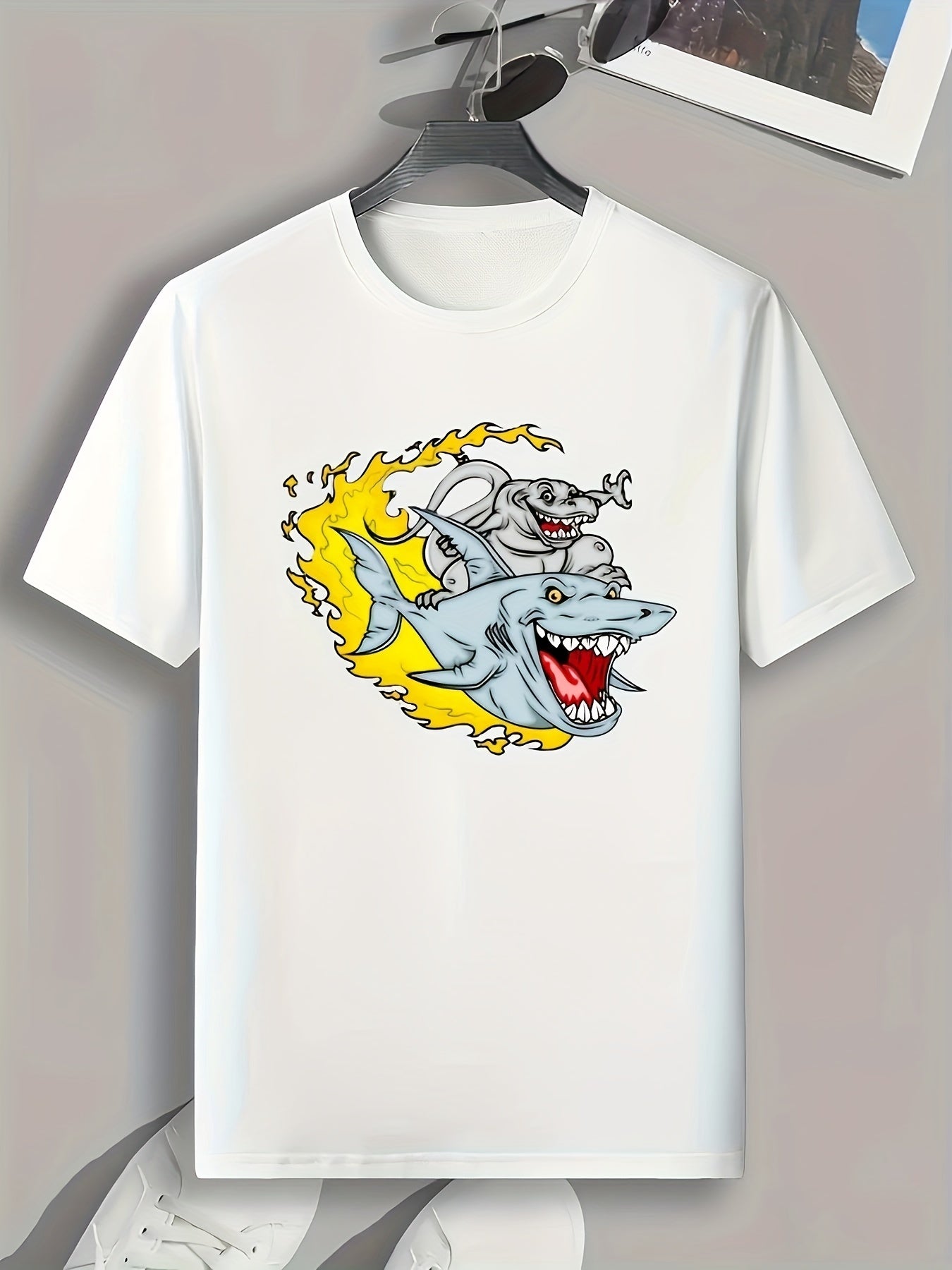 Shark & Monster Print Men's Graphic Tee for Summer