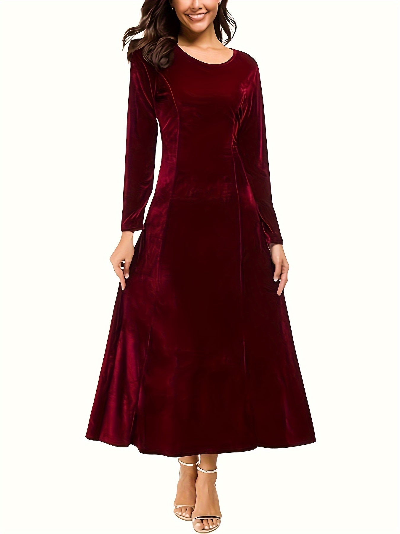 Solid Velvet Long Sleeve Round Neck Maxi Dress