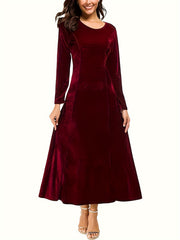 Solid Velvet Long Sleeve Round Neck Maxi Dress