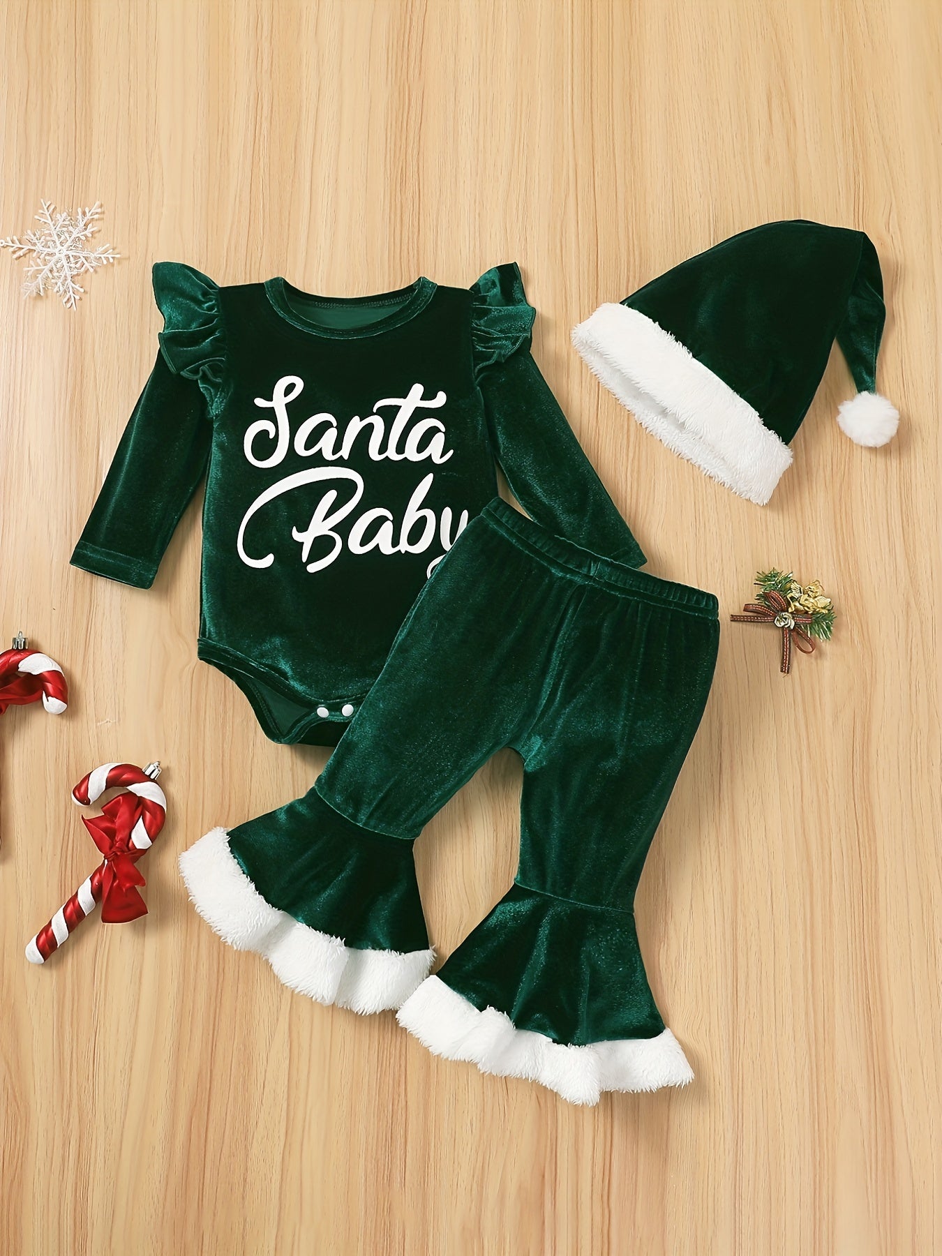 Baby Girls Christmas Bodysuit & Flared Pants & Hat Set