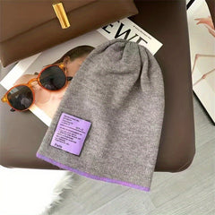 Stylish Label Patch Beanie Warm Skull Cap Elastic Block Knit Hat Soft