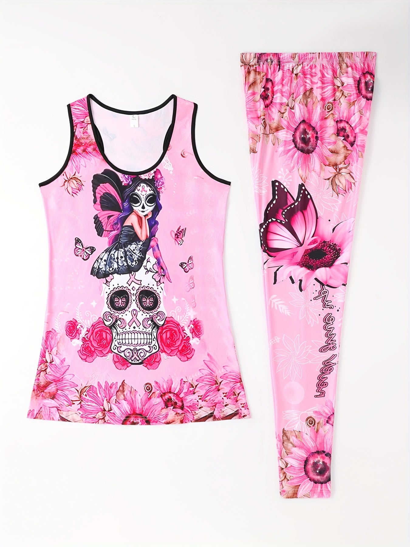 Floral & Skull Print Two piece Set Tank Top & Skinny Pants