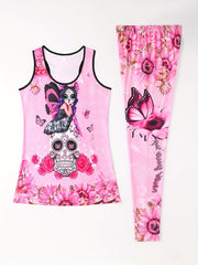 Floral & Skull Print Two piece Set Tank Top & Skinny Pants