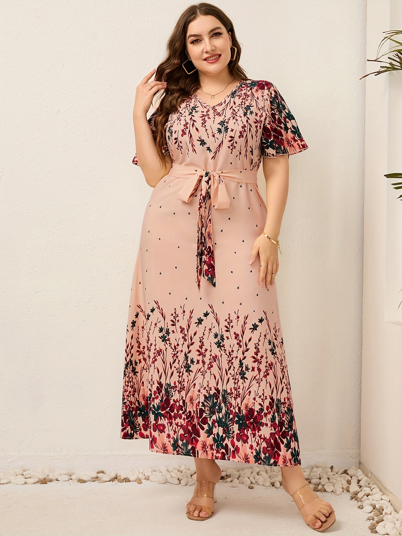 Floral Print V Neck Maxi Dress With Belt