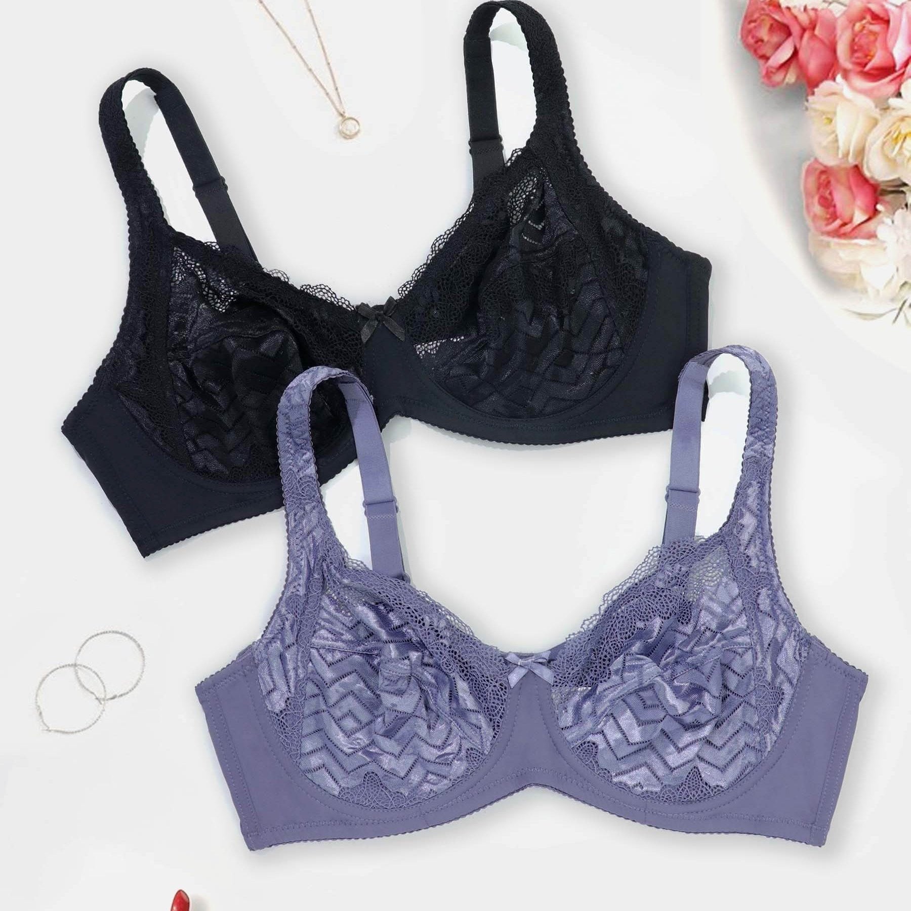 2 Pack Plus Size Underwire Lace Bra Set, Chevron Pattern, Bow Decor