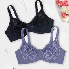 2 Pack Plus Size Underwire Lace Bra Set, Chevron Pattern, Bow Decor