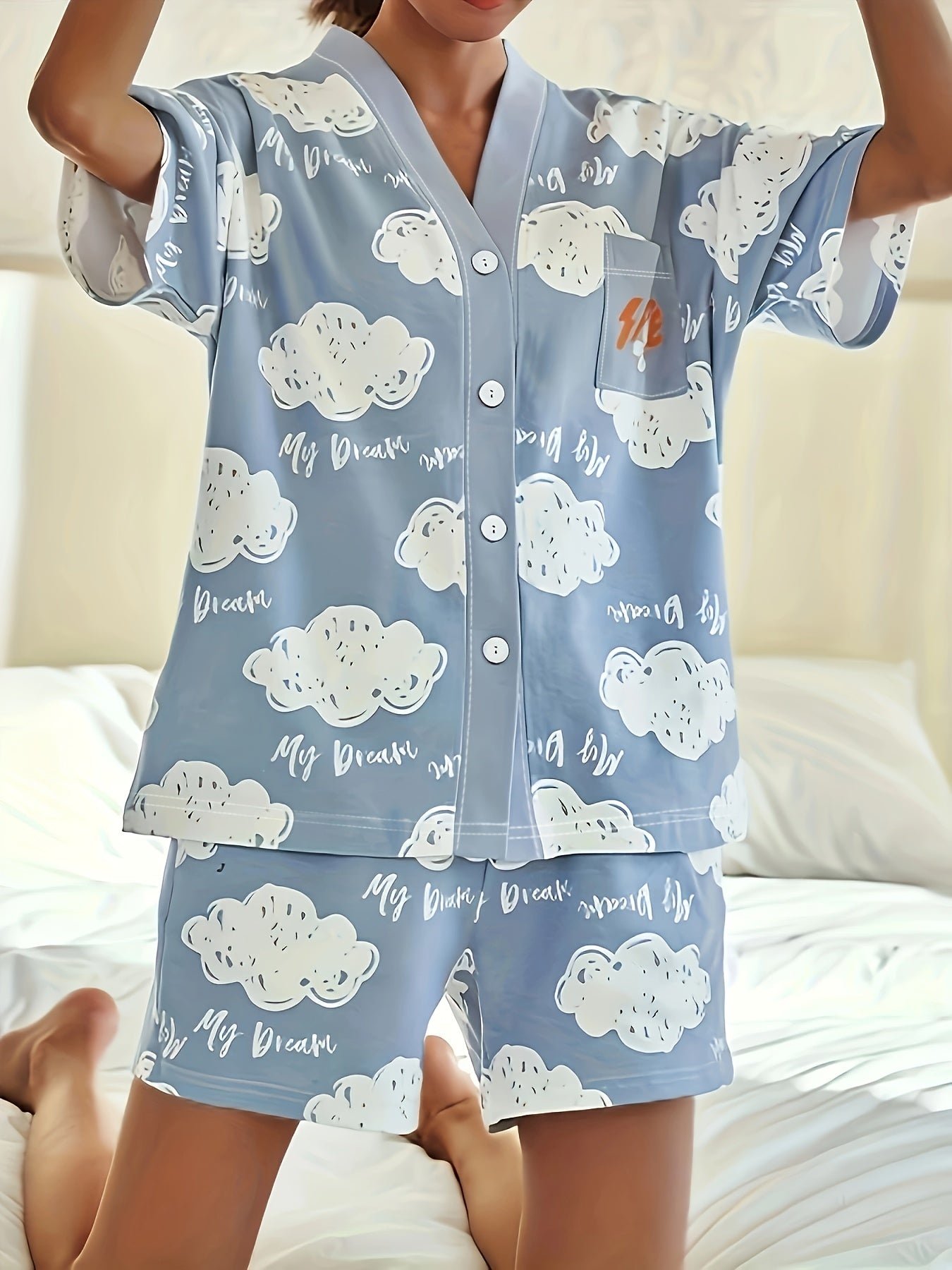 Cloud Print Lounge Set Short Sleeve Buttons Top & Elastic Waistband Shorts