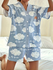 Cloud Print Lounge Set Short Sleeve Buttons Top & Elastic Waistband Shorts