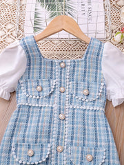Girls Pearl Button Plaid Patchwork Princess Dress