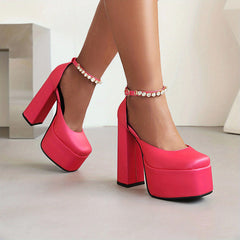 Rhinestone Block Heels Buckle Strap Platform Pumps