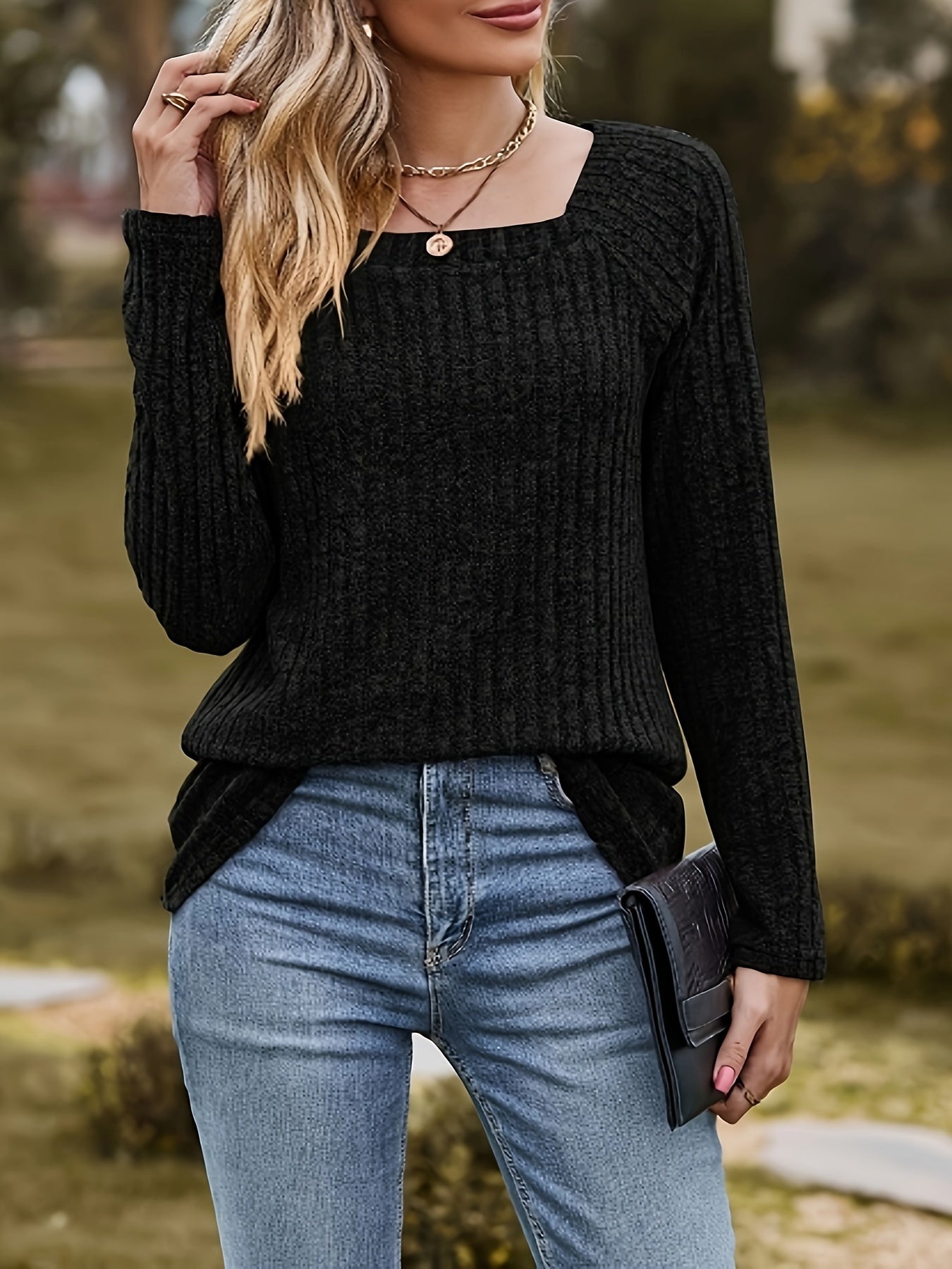 Casual Ribbed Long Sleeve Square Neck Jumper