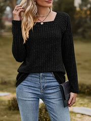 Casual Ribbed Long Sleeve Square Neck Jumper