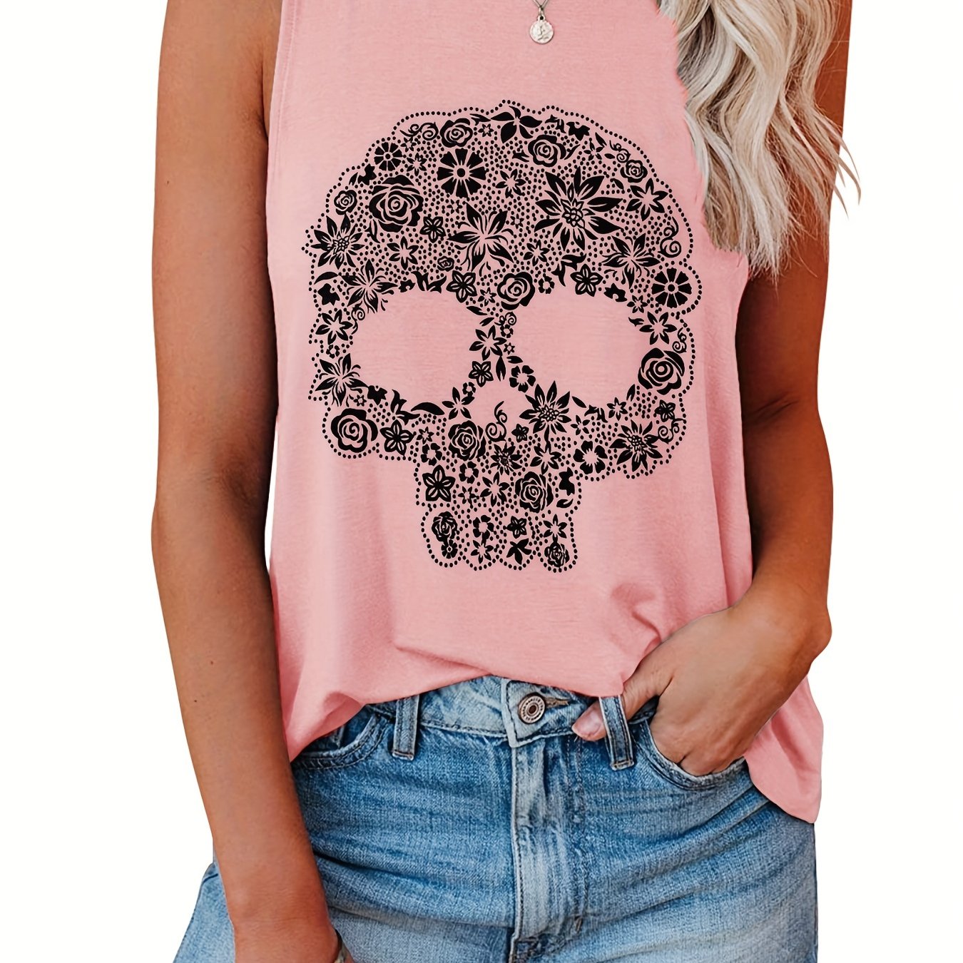 Skull & Flower Print Tank Top Sleeveless Casual Summer Women's Clothing