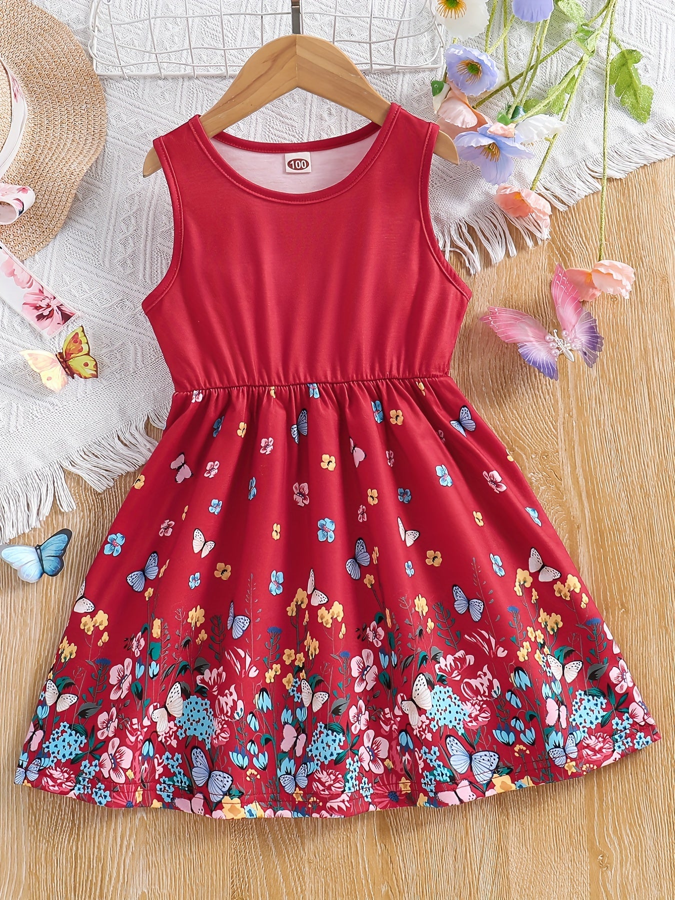 Toddler Girls Sleeveless Butterfly & Flowers Graphic Princess Dress