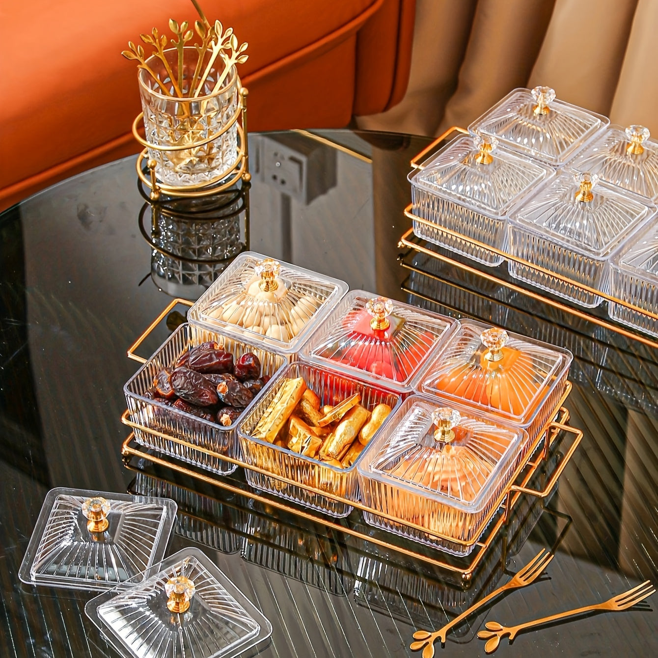 Divided Serving Dishes w/ Metal Platter & Removable Bowls for Appetizer Dip