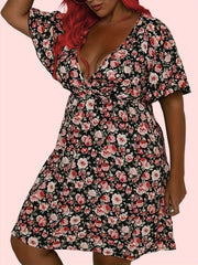 Rose Print Short Sleeve V Neck Dress