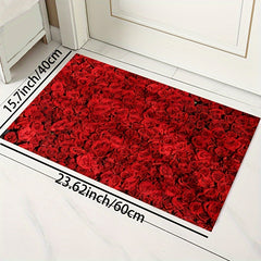 Red Rose Print Rug Romantic Decorative Floor Mat Machine Washable Carpet