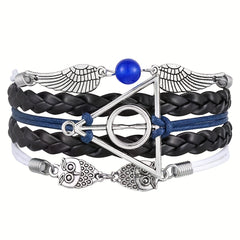 2pcs Owl Triangle Bracelets Antique Silvery Bronze Owls Wings Golden Bead Charm