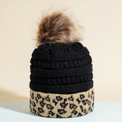 Leopard Fur Ball Beanie Women's Knitted Warm Hat Woolen Hat