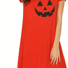 Pumpkin Print NightDress Halloween Short Sleeve Crew Neck Pajama Dress
