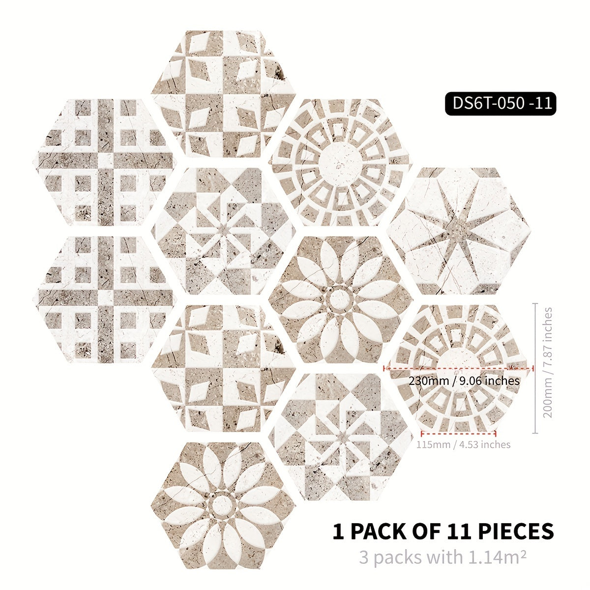 11pcs Noble Printed Hexagonal Floor Stickers Waterproof Non-slip Home Decoration