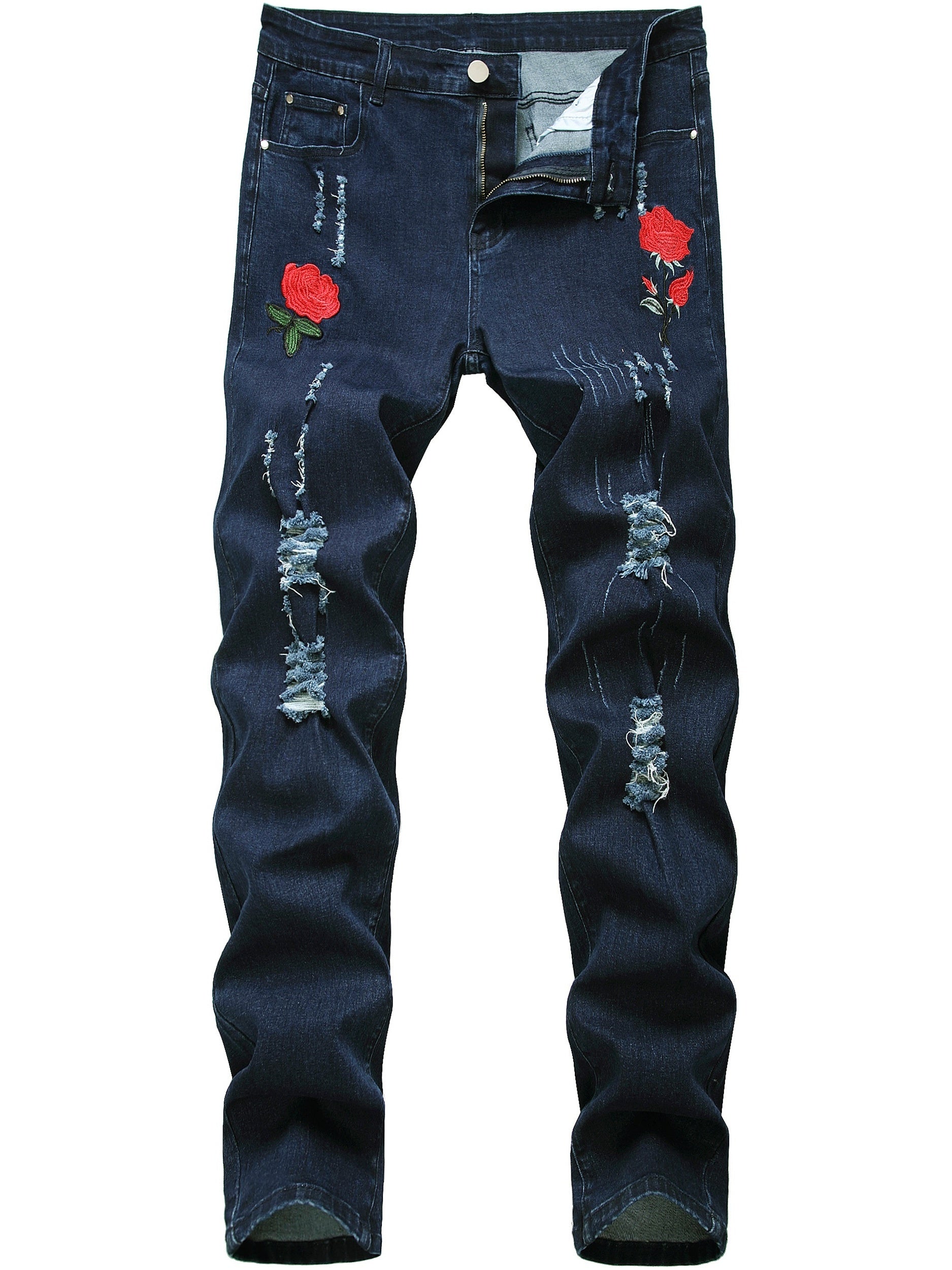 Rose Embroidery Ripped Jeans Mens Casual Street Style Denim Pants