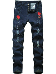 Rose Embroidery Ripped Jeans Mens Casual Street Style Denim Pants