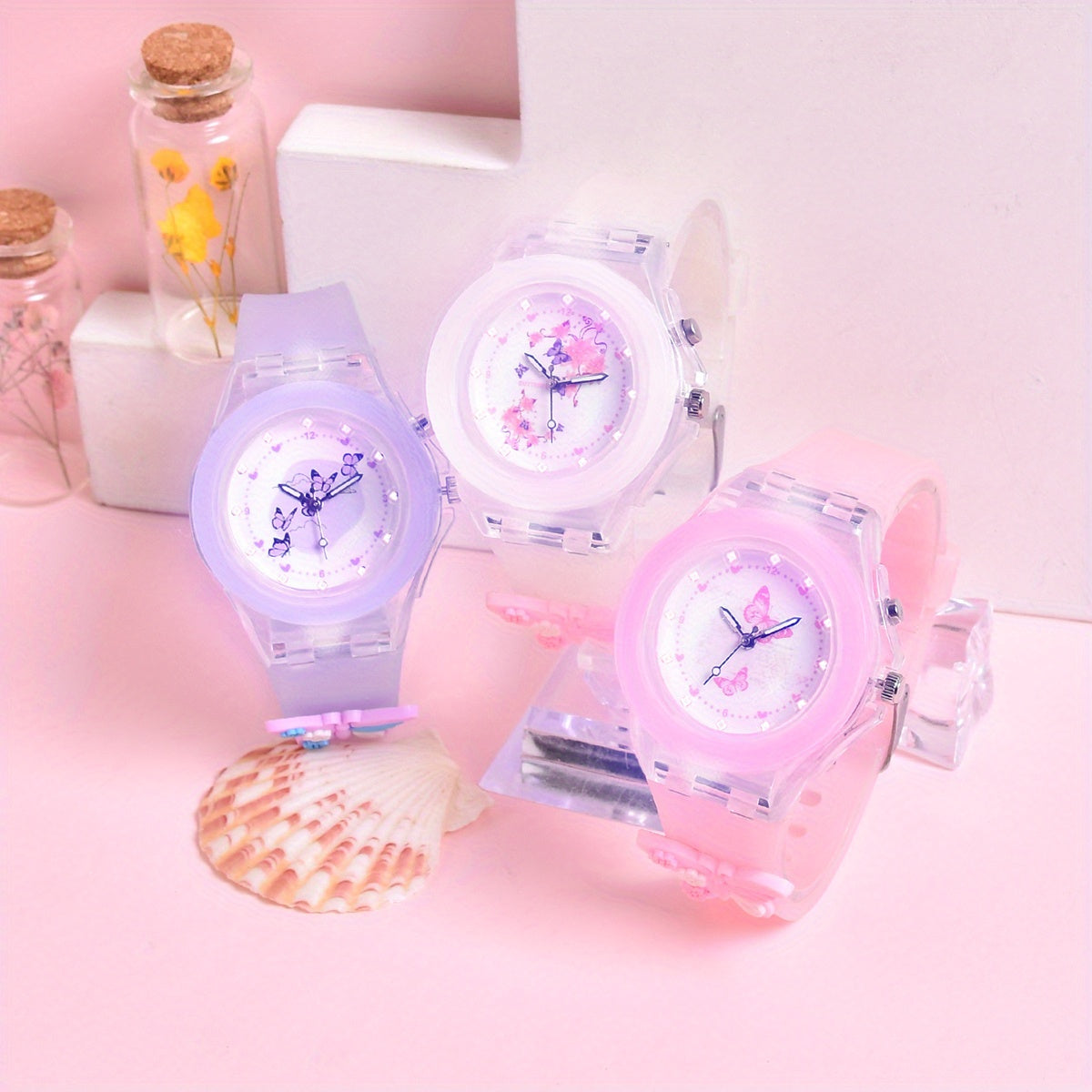 3pcs Girls Butterfly & Animal Print Watches with Glow in the Dark Dials