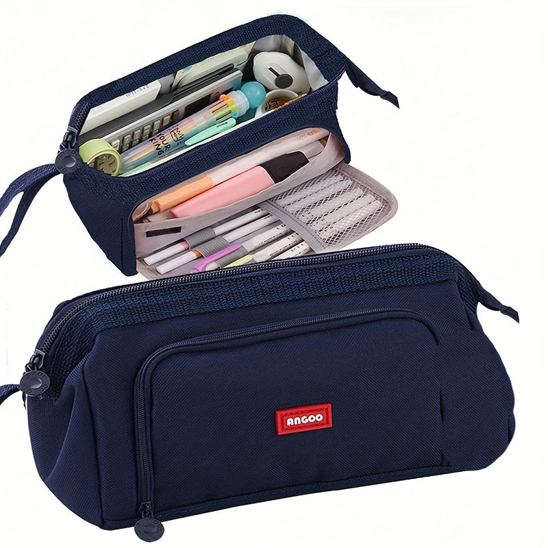 Double Canvas Pen Bag Functional Pencil Case Stationery Bag