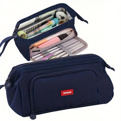 Double Canvas Pen Bag Functional Pencil Case Stationery Bag