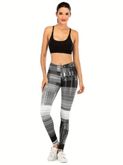 Block Striped Print Leggings Sexy High Waist Slim Long Length Leggings