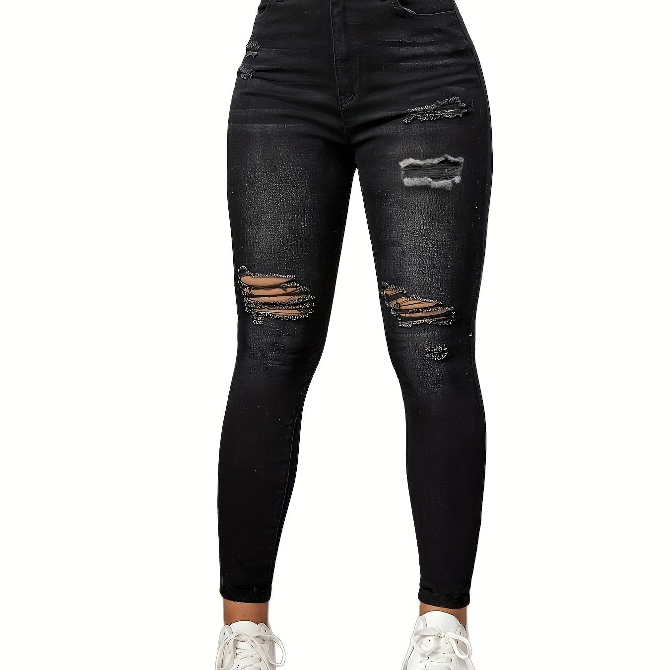 Ripped Skinny Jeans Slash Pockets Distressed High Waist Slim Fit