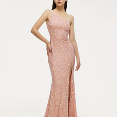 Sequined One Shoulder Split Dress Sexy Sleeveless