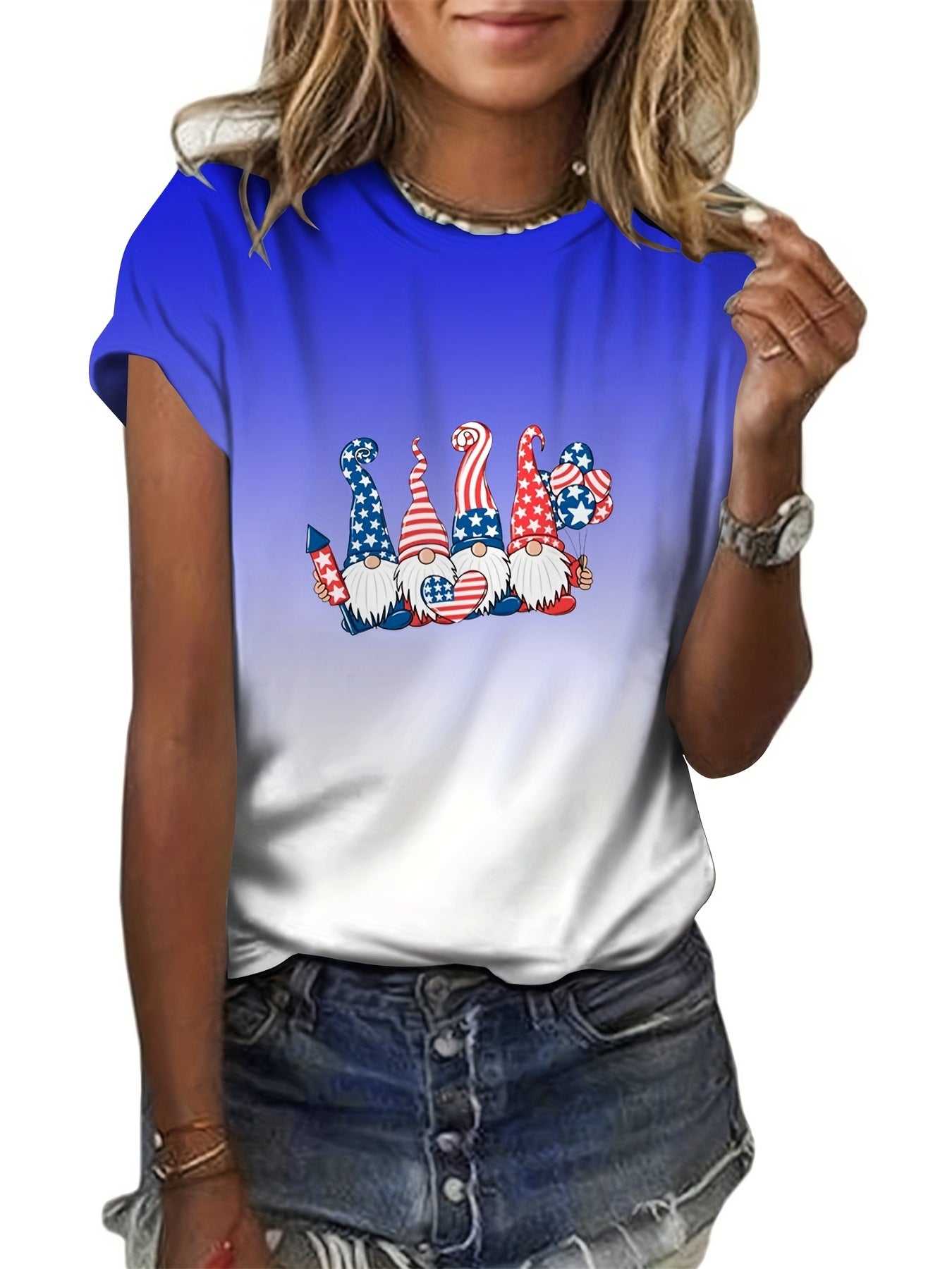 Star & Stripe Pattern Ombre Crew Neck T-Shirt Summer Tee Women's Clothing