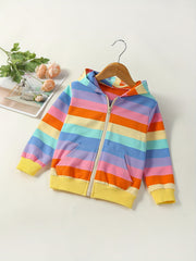 Girls Winter Hooded Jacket with Rainbow Stripes and Zipper Pockets