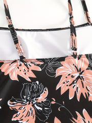 Drawstring Tie Side Tankini Set Floral Pattern High Cut Swimsuit