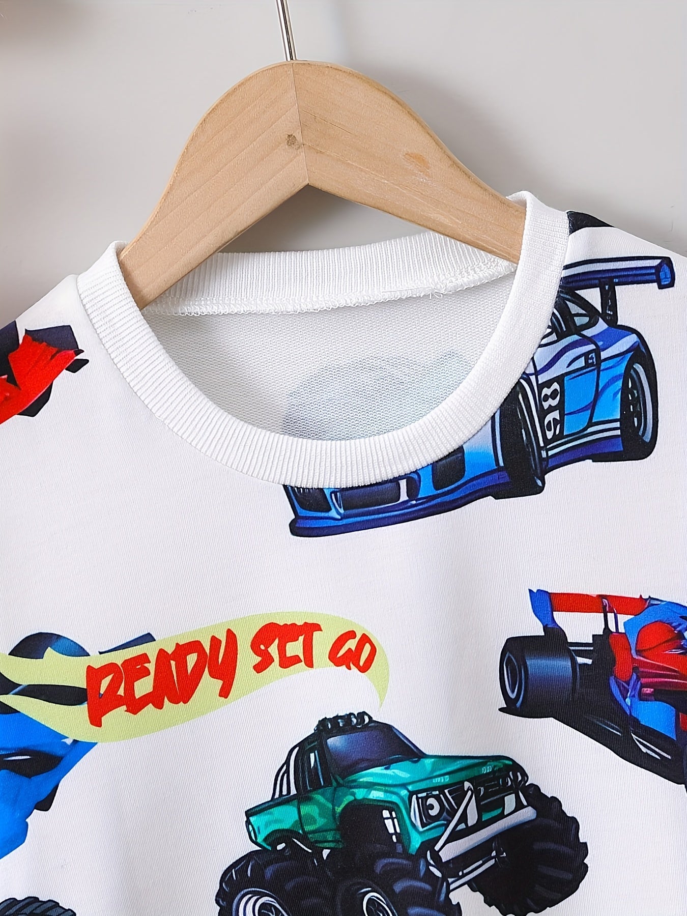 Boys Cartoon Car Print Sweatshirt Long Sleeve Crew Neck Top
