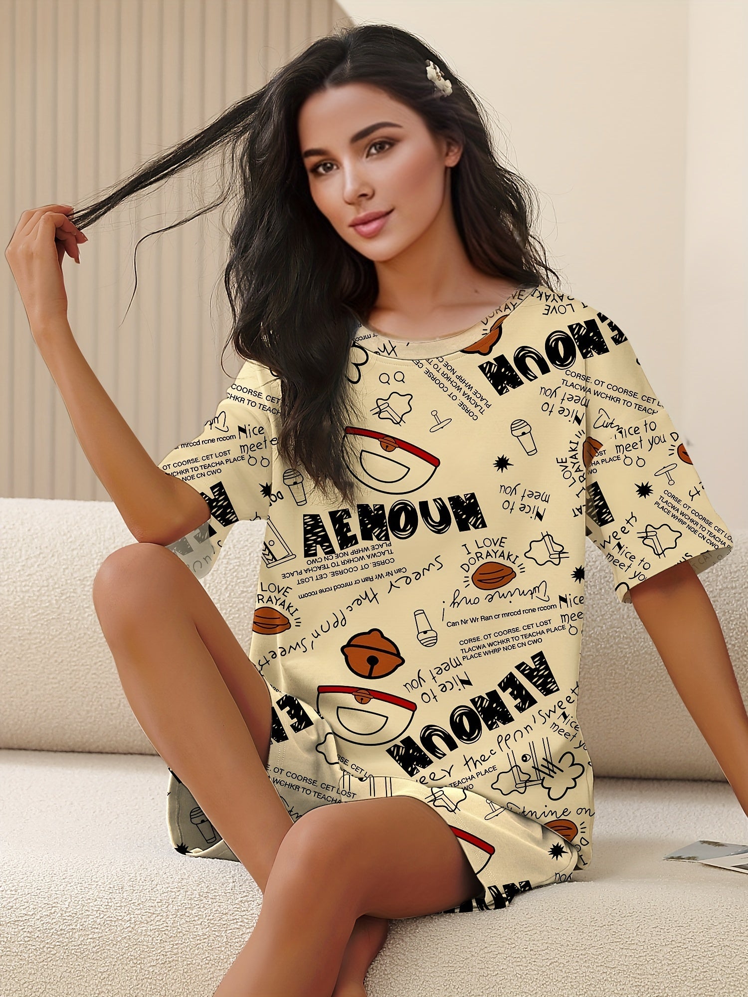 Letter Print Pajamas Set Short Sleeve Crew Neck Top & Lounge Shorts