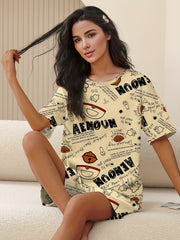 Letter Print Pajamas Set Short Sleeve Crew Neck Top & Lounge Shorts