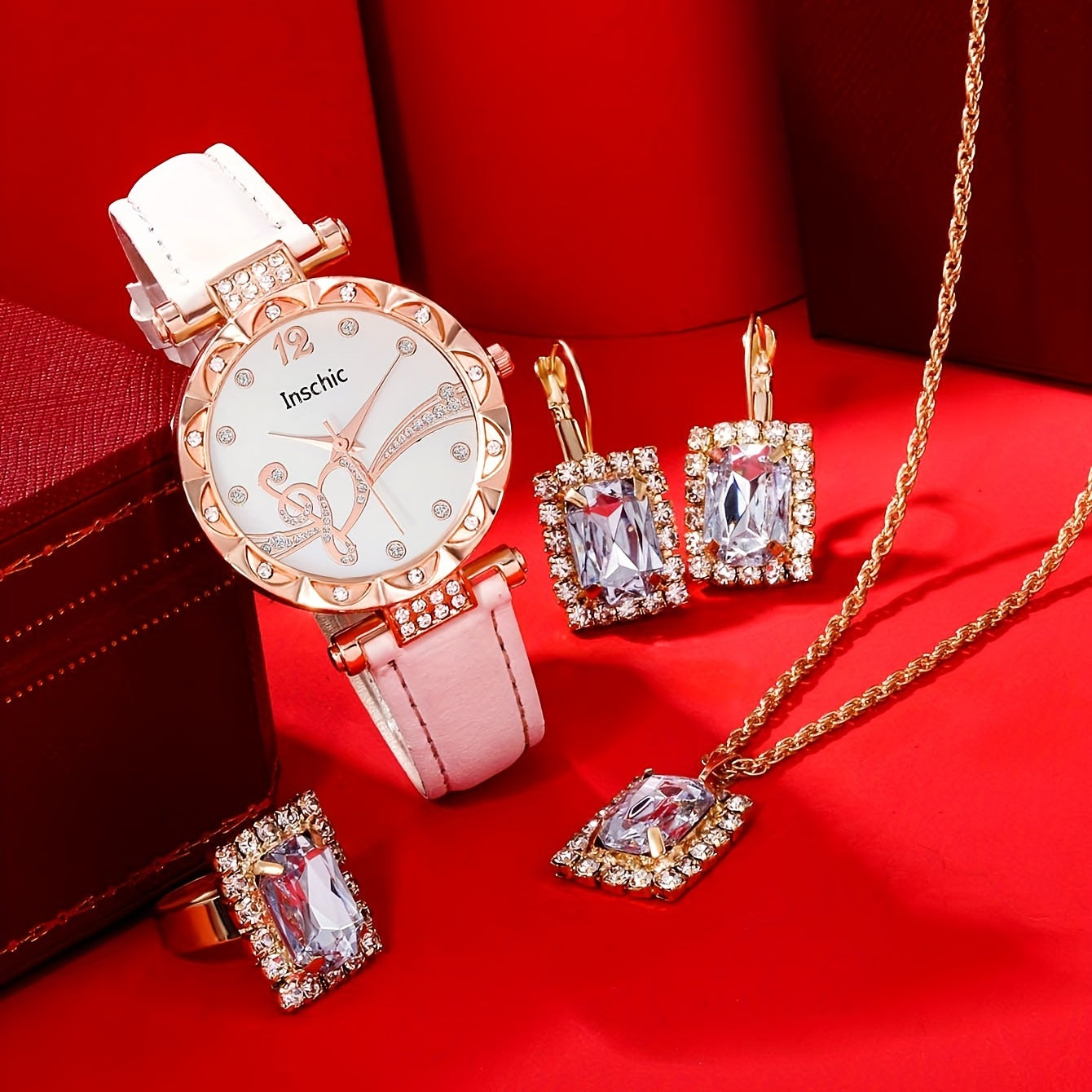 5pcs Square Rhinestone Junior High School Students Leather Quartz Watch Set