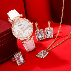 5pcs Square Rhinestone Junior High School Students Leather Quartz Watch Set